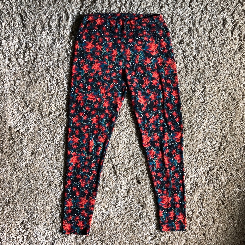 LulaRoe TC leggings; floral red orange teal black - Picture 2 of 7